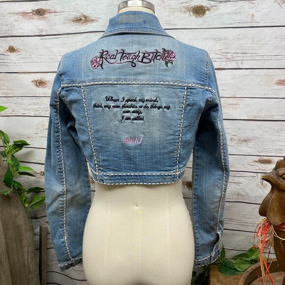 RTB Real Tough B itch Denim Jacket SMALL Biker Babe Blue Jean Embroidered Bling - Picture 1 of 11
